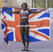 11.02.2017. EIS, Sheffield, England. The British Athletics Indoor team trials 2017. Asha Philip celebrates her victory in the Womens 60 meters final.