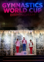 23.03.2019. Resorts World Arena, Birmingham, England. The Gymnastics World Cup 2019NIKITA NAGORNYY (RUS) takes Gold.SUN WEI (CHN) takes Silver.KAYA KAZUMA (JPN) takes Bronze