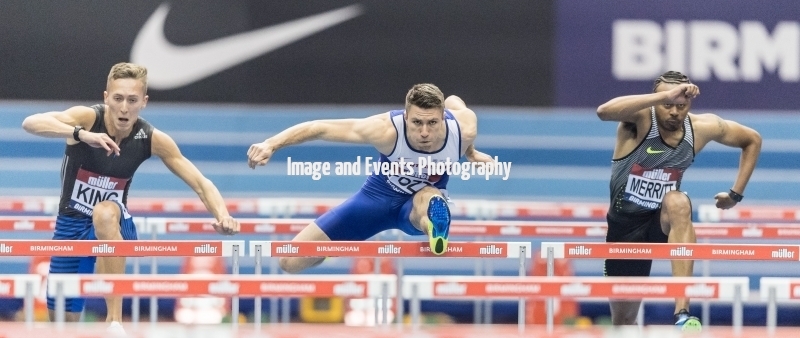 Andrew Pozzi winning the 60 meter hurdles in a time of 7.43 at the Barclaycard Arena, Birmingham, England. The Muller Indoor Grand Prix.