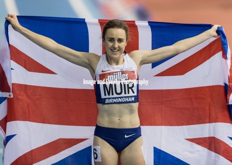 Laura Muir celebrates her victory at Barclaycard Arena, Birmingham, England. The Muller Indoor Grand Prix.18.02.2017