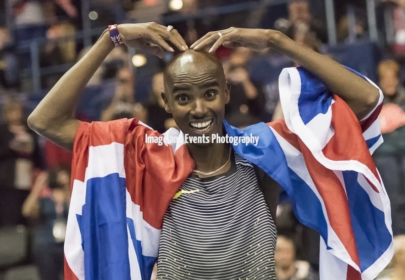 Sir Mo Farah celebrates his indoor record in the 5000 meters with his famous Mobot at Barclaycard Arena, Birmingham, England. The Muller Indoor Grand Prix.