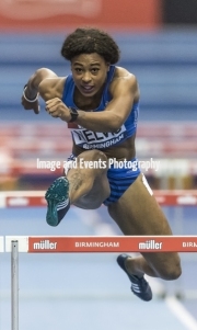 Sharika Nelvis (USA) winning her heat in the 60 meter hurdles at the Barclaycard Arena, Birmingham, England. The Muller Indoor Grand Prix.